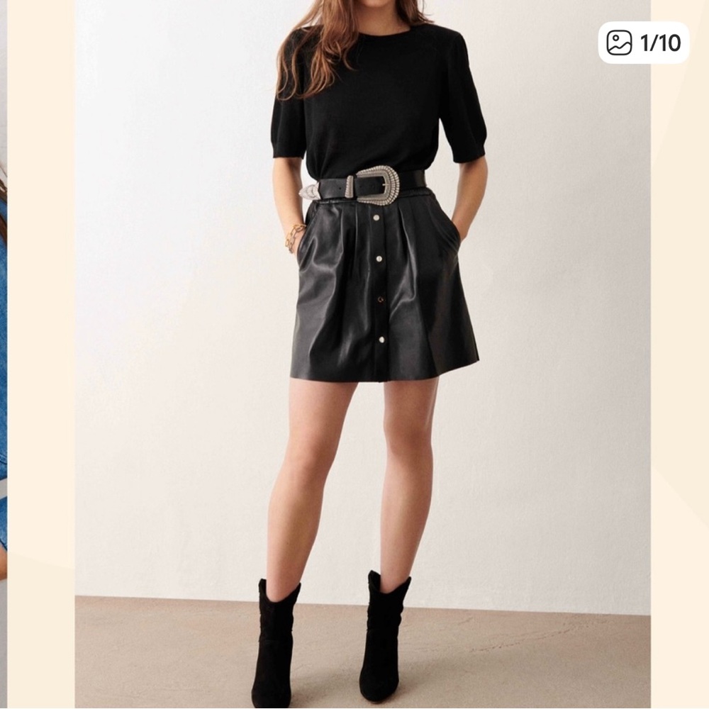 ba&sh Black Button-Front Genuine Leather Skirt